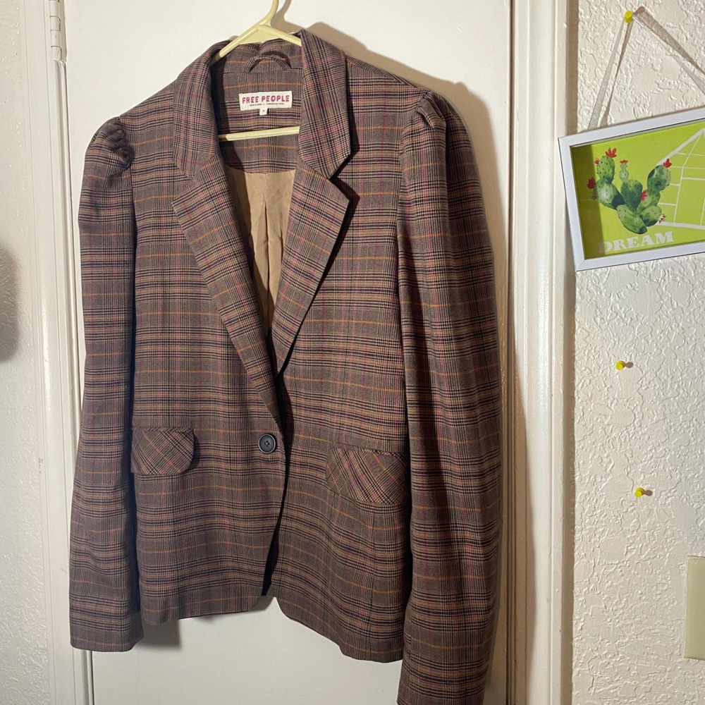 Free People Women's Plaid Blazer Jacket Brown Pink Orange Career Puff Sleeve‎ - Picture 9 of 9